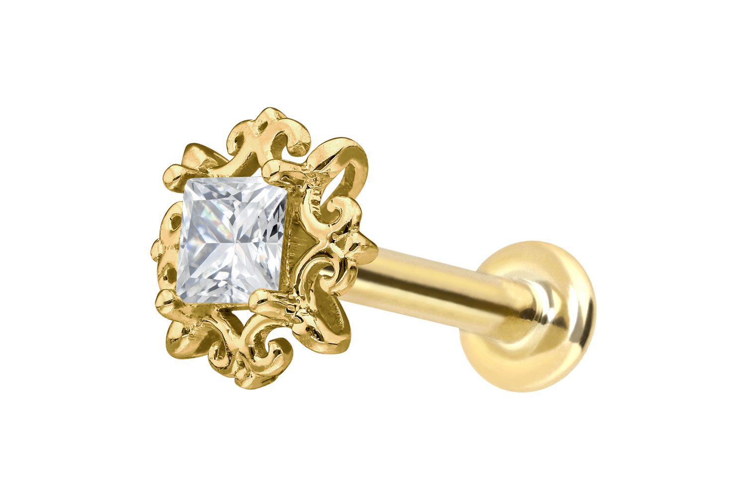 14 Karat Gold Labret Piercing mit Push Fit MOISSANIT-QUADRAT + ORNAMENTE
